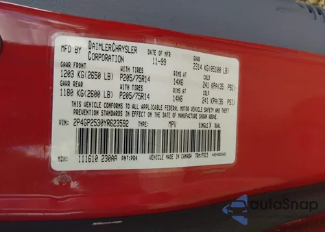 2000 Plymouth Voyager z USA, uszkodzony, nr VIN 2P4GP2530YR623592